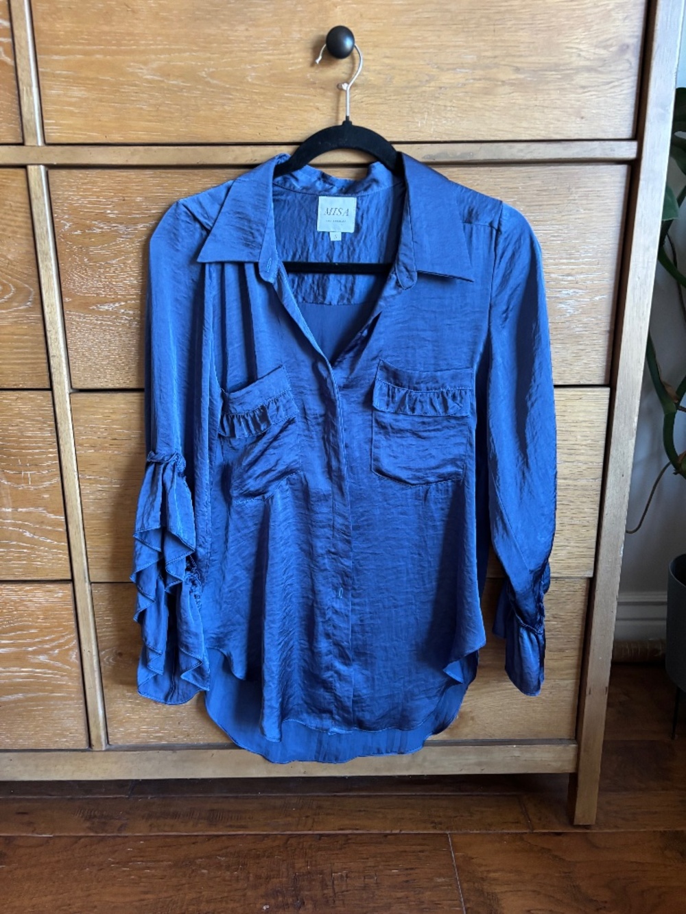 MISA silky blue button down blouse ruffle 7/8 sleeve size small